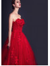 Red Lace Tulle Strapless Corset Back Long Wedding Dress